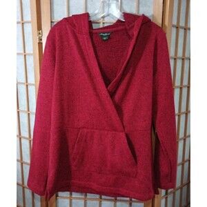Eddie Bauer Red Knit Hoodie L Crossover Front Lounge Pullover Kangaroo Pocket